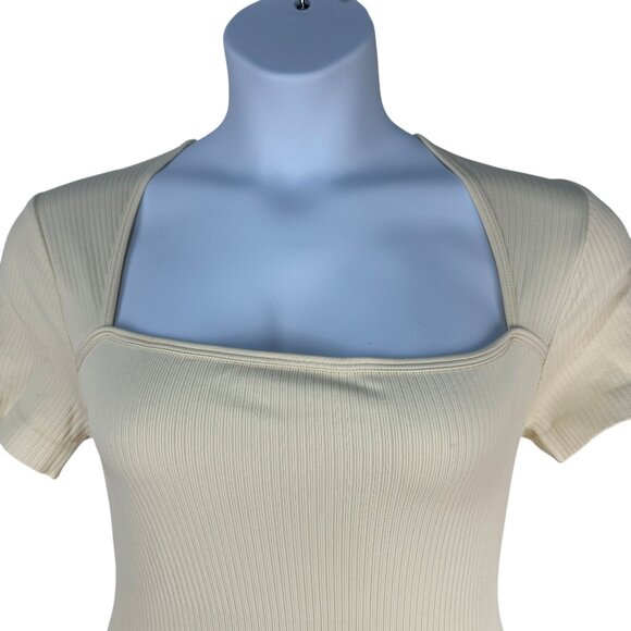 OQQ Womens Short Sleeve Romper XL Stretch Sexy Yoga Ribbed Fit Beige Square Neck - Picture 2 of 10